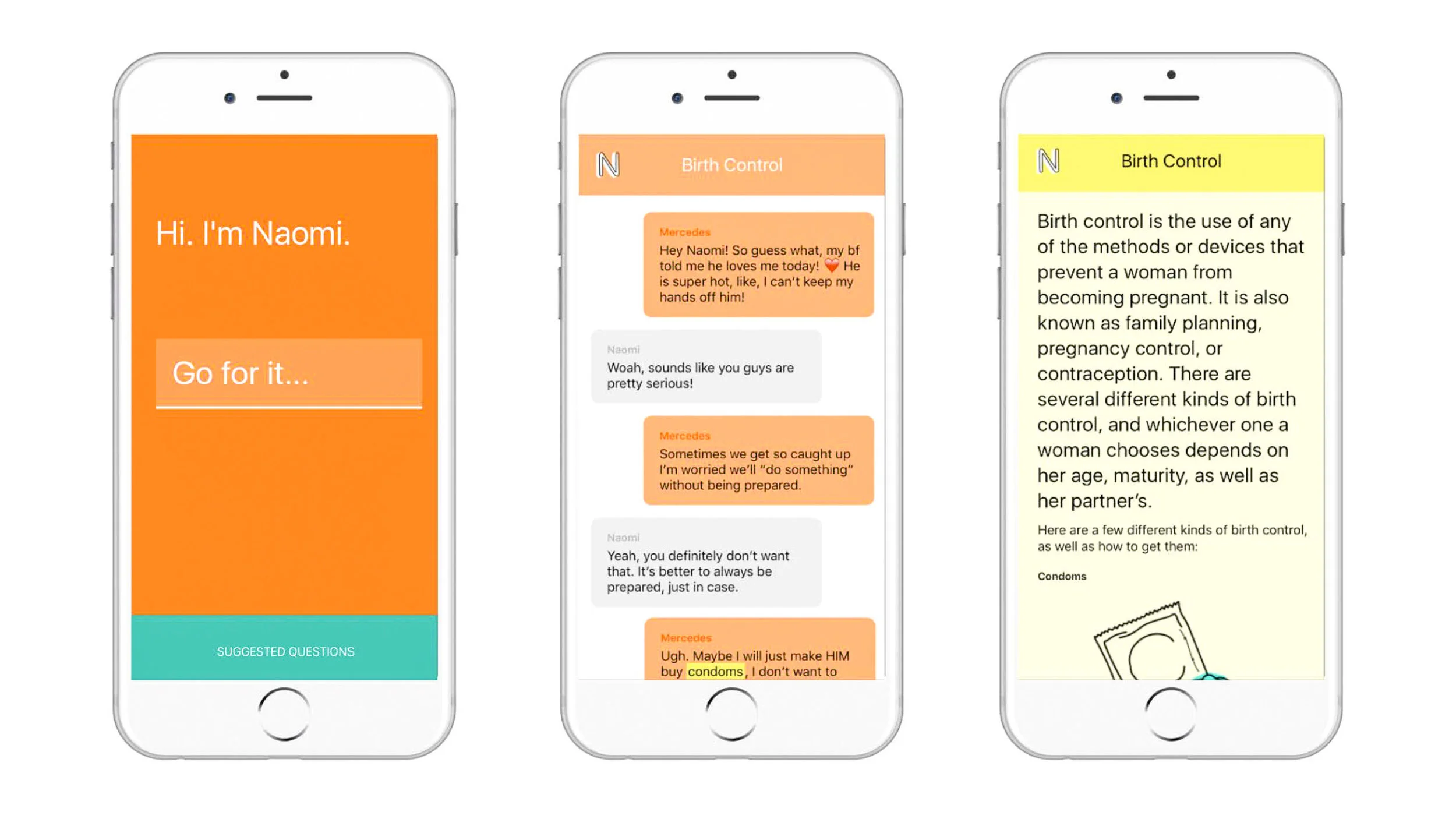 Screenshots of a pregnancy planning app on a smartphone, showing a personalized welcome message, a chat conversation about birth control, and an informational article about birth control methods.