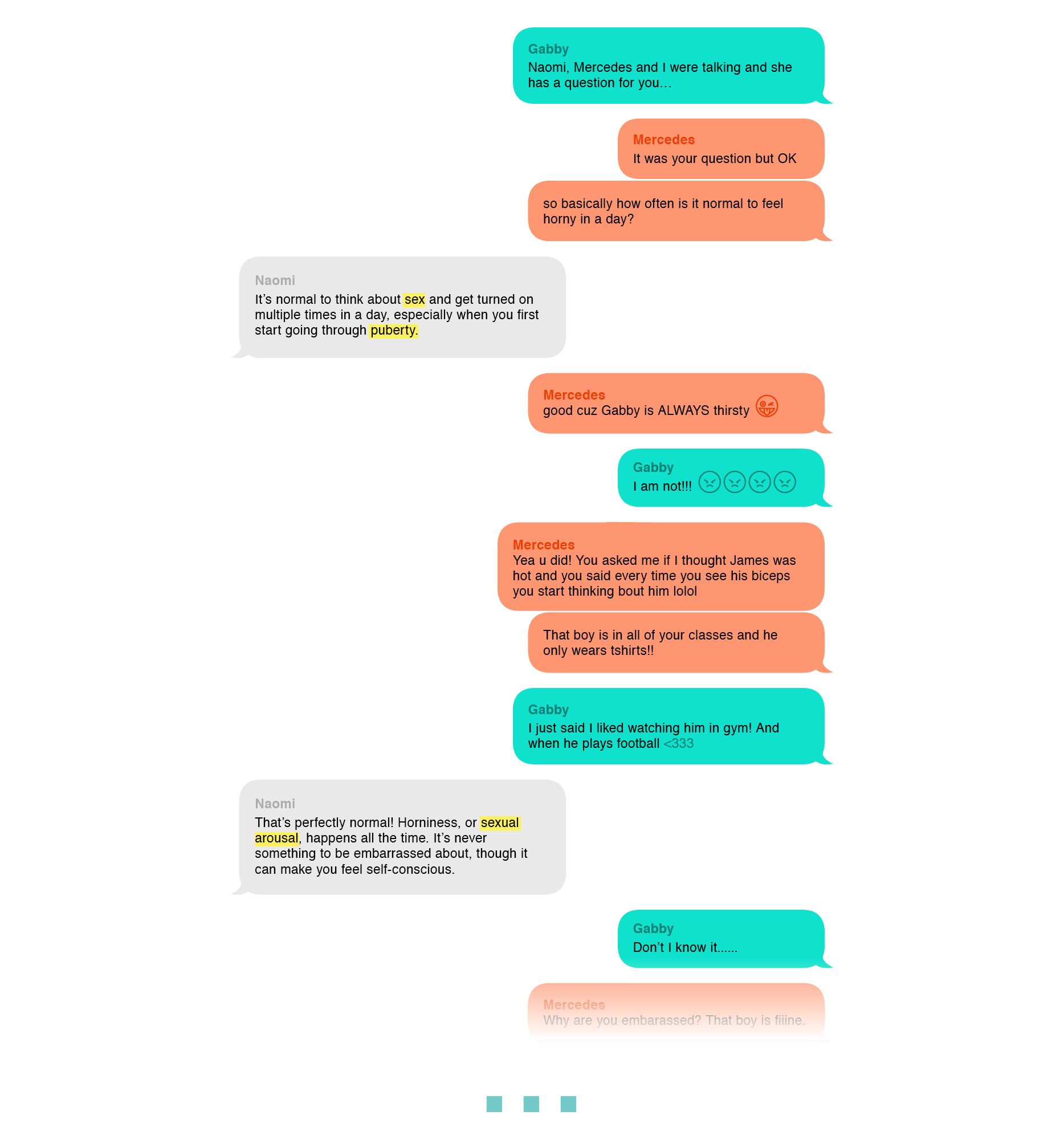 A screenshot of a text message conversation between four people discussing hormones, sexual arousal, and feelings of embarrassment.