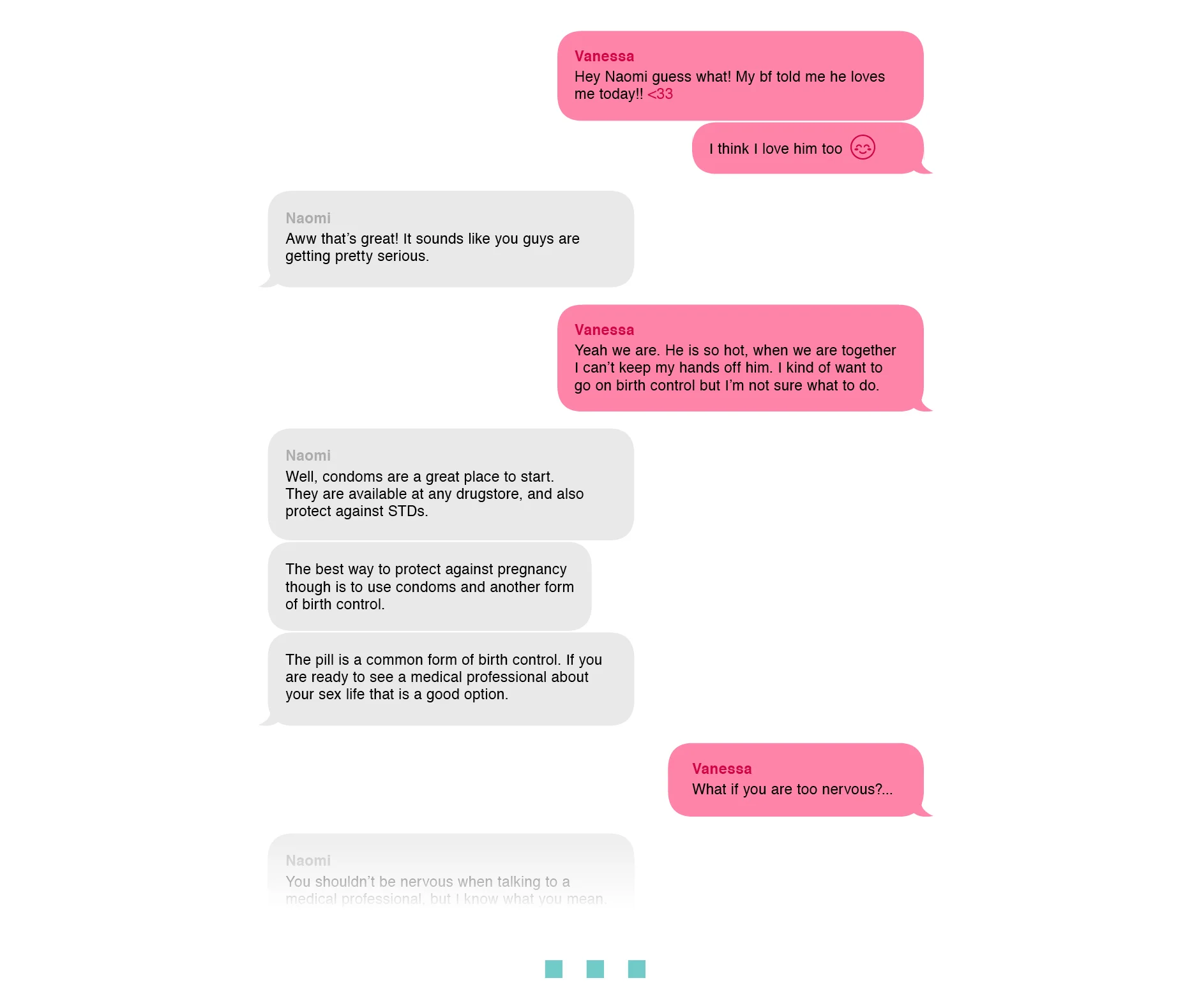 Screenshot of a chat conversation with pink and gray speech bubbles, discussing love, condoms, birth control, and nervousness.