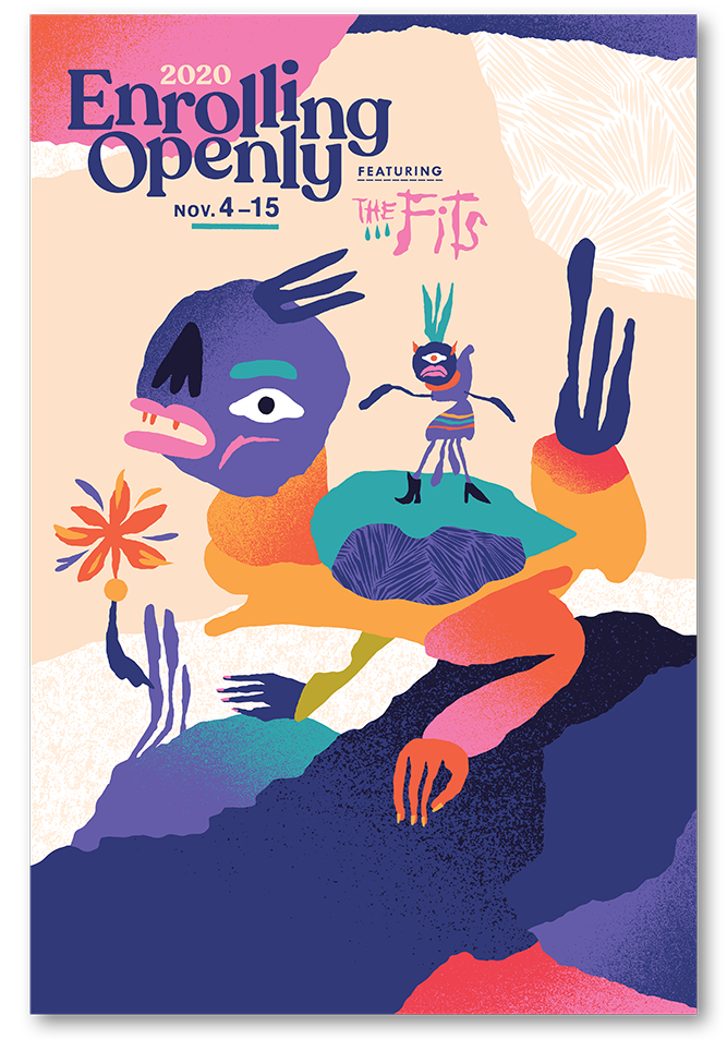 Colorful poster for 2020 Enrollment Opening featuring abstract, whimsical creatures including a multi-eyed head, a small jumping creature, and a flower, with varying vibrant colors and textured background elements.