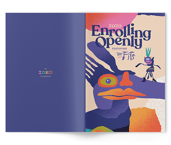 Open guidebook with colorful abstract artwork and the title '2020 Enrolling Openly' on the right page, and the text 'in IDEO Guidebook' on the left page.