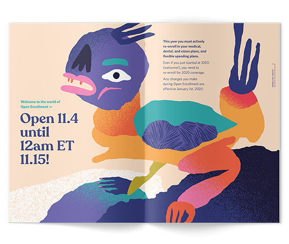An abstract colorful illustration of a figure with an exaggerated face, including a prominent eye and mouth, with various shapes and textures. The image contains text about open enrollment dates, emphasizing deadline information.