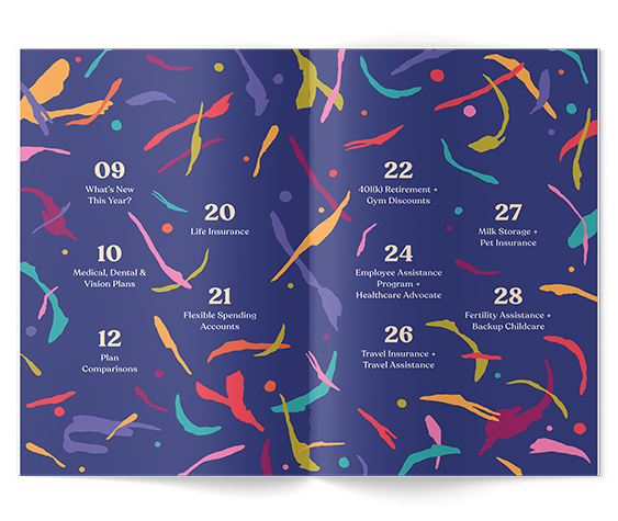 A colorful list of important financial and healthcare topics and dates, including life insurance, retirement, travel insurance, pet insurance, and healthcare advocacy, decorated with multicolored confetti.