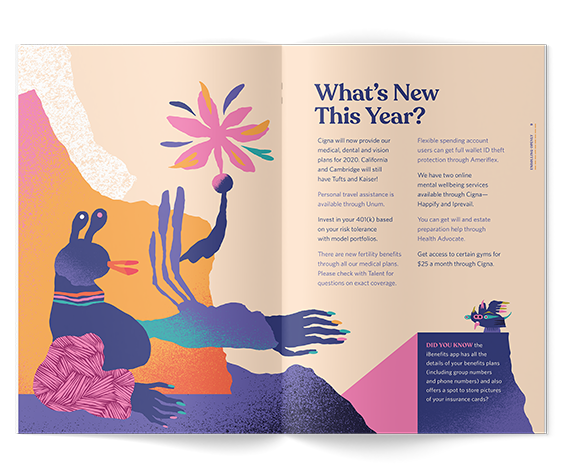 Colorful illustrated open magazine spread with a bird holding a flower and text about new health and financial benefits this year.