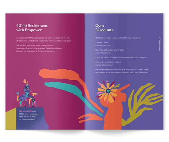 A two-page informational brochure. The left page discusses 401(k) retirement savings with a purple background and colorful abstract plant illustrations. The right page covers gym discounts, featuring a blue background with similar colorful plant graphics and text listing gym options and contact information.