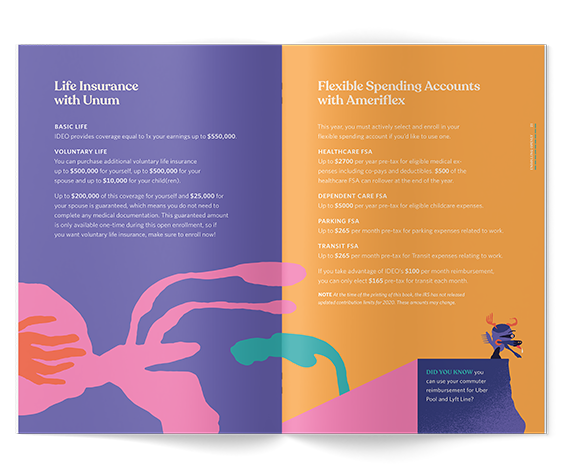 Open booklet showing insurance options and financial planning tips, with colorful abstract illustrations of hands reaching toward a small character in a wizard hat, featuring text about life insurance, flexible spending accounts, and other benefits.