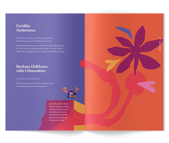 Open brochure with sections on fertility assistance and backup childcare, featuring a colorful abstract flower and a cartoon moose on a purple background.