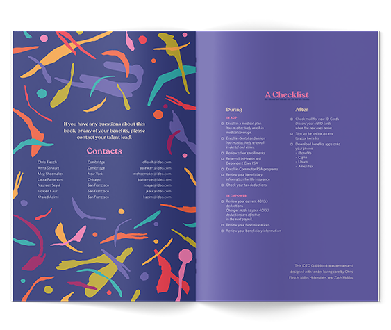 Open booklet with colorful abstract cover on the left page and purple pages inside, featuring checklists and text in a professional layout.