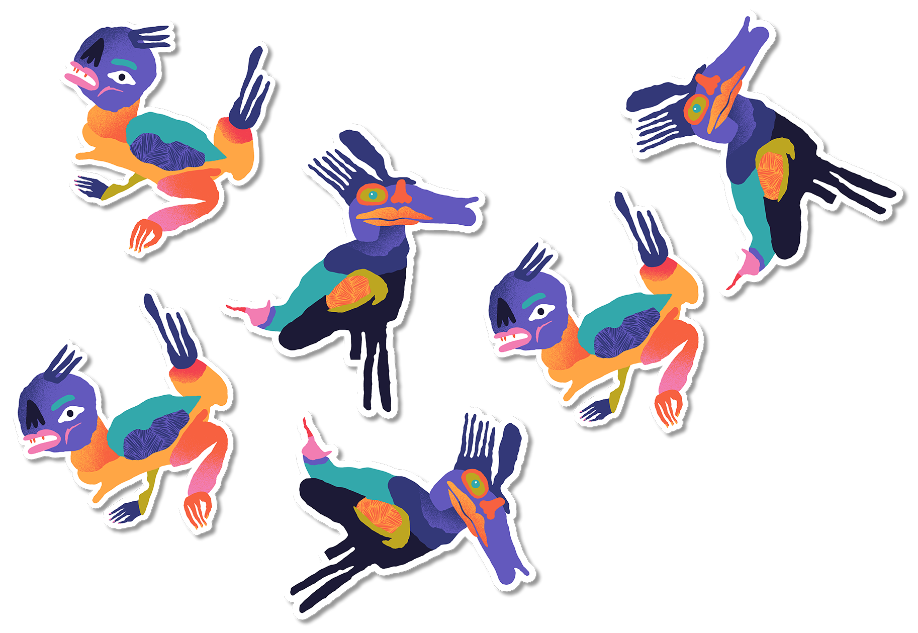 Multiple colorful, stylized bird illustrations with exaggerated facial expressions and vibrant hues, layered on a black background.