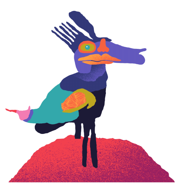 Abstract colorful illustration of a bird with exaggerated features, standing on a red textured ground.