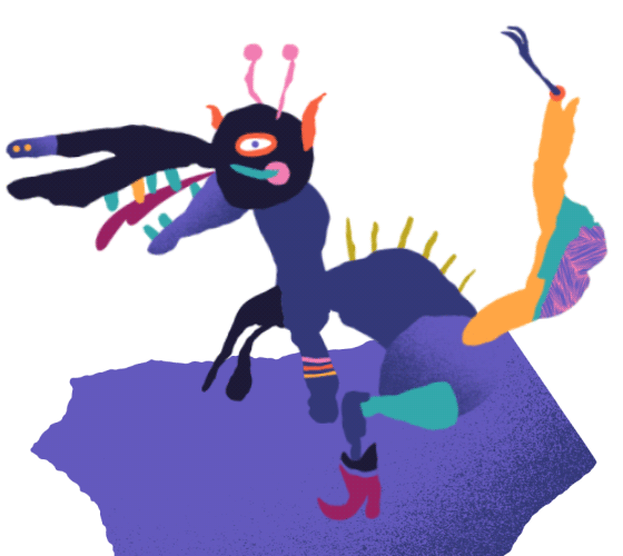 Colorful, whimsical creature with multiple eyes, horns, and limbs, standing on a purple and blue platform.