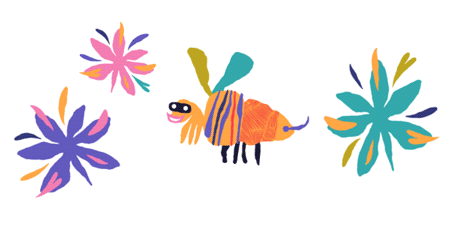 Colorful drawing of a cute bee with striped orange and black body, wings, and smiling face, surrounded by three large, vibrant, multi-colored flowers.