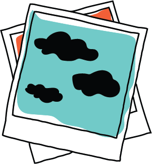 A stylized illustration of a Polaroid photo with black clouds on a light blue background. The photo is tilted and layered with other images behind it.