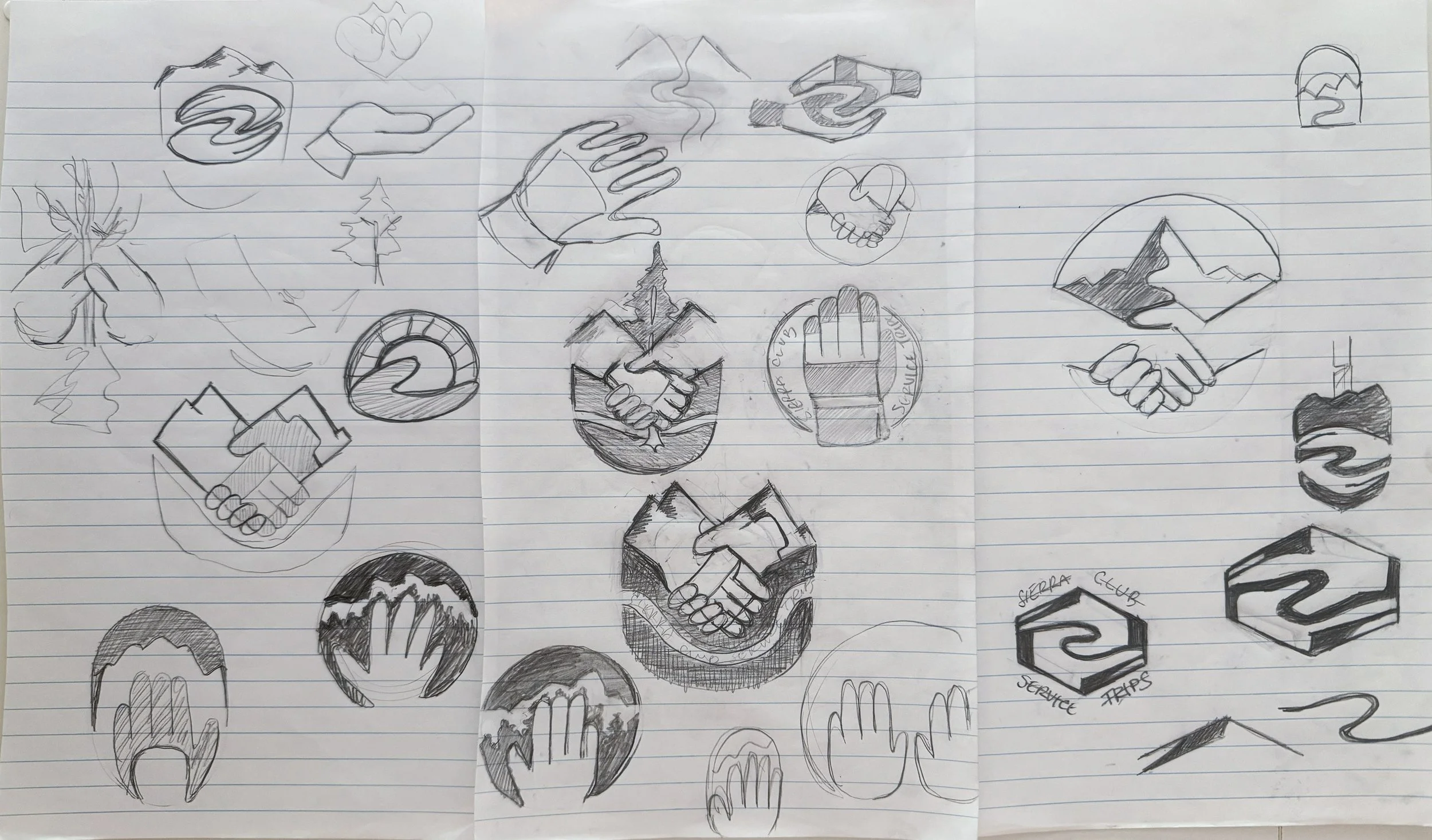 Collection of hand-drawn sketches of various icons and symbols, including mountains, handshake, hand in a circle, shield, and cloud, all in black and white with some shading and lettering.