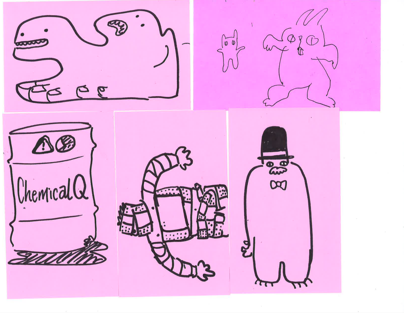 Five hand-drawn sketches on pink paper featuring various creatures and objects. Top left: a dinosaur with a large head, small arms, and tail. Top right: a small creature with two pointed ears and a big creature with wings and a tail. Bottom left: a chemical drum labeled 'Chemical' with also a warning symbol. Bottom center: a robot with segmented arms and a boxy torso. Bottom right: a humanoid figure with a mustache, bow tie, and top hat.