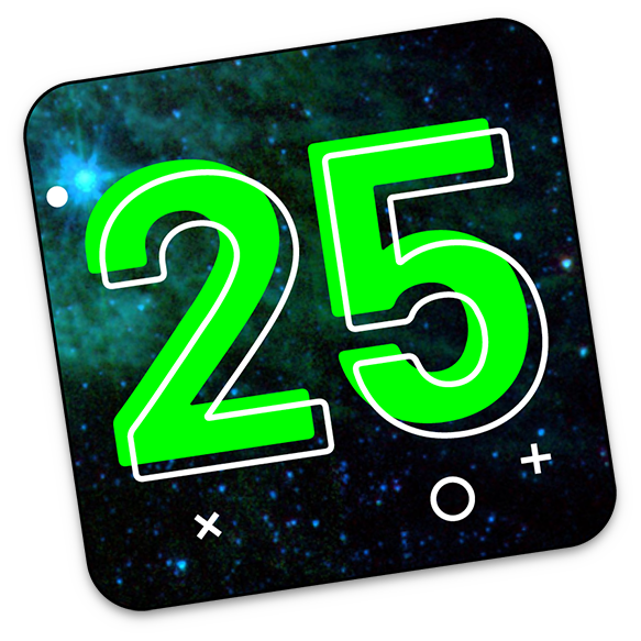 Bright green number 25 on a starry space background with small decorative symbols.