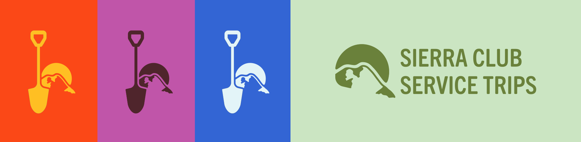 Graphic design with four sections showing a shovel and mountain logo in orange, purple, blue, and green backgrounds. The right side has green text reading "Sierra Club Service Trips."