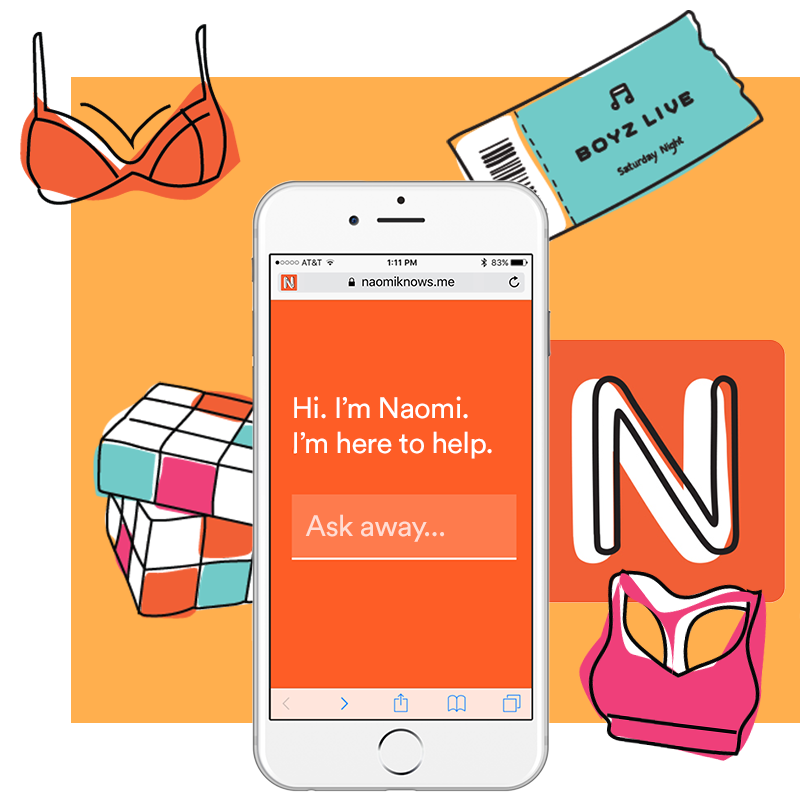 Illustration of a smartphone with a chatbot interface on the screen, surrounded by a bra, a Rubik's Cube, a concert ticket, a sports bra, and a letter N.