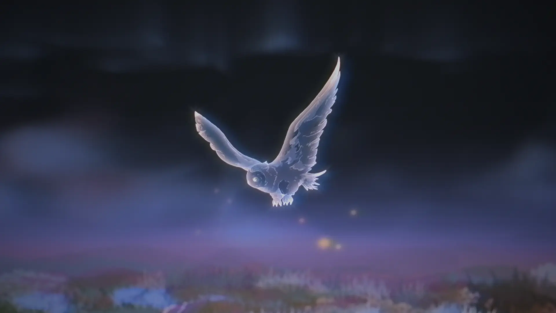 A glowing, digital depiction of an owl with wings spread flying through a dark, cloudy sky over a landscape with mountains and mist.