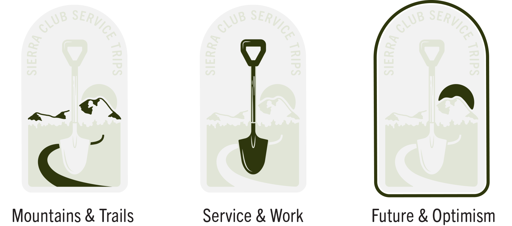 Three Sierra Club service trip badges featuring a shovel and mountain landscape, labeled Mountains & Trails, Service & Work, and Future & Optimism.