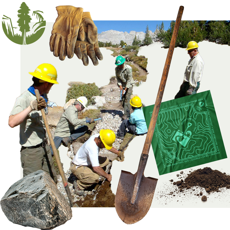 Construction workers wearing yellow helmets working on a creek restoration project outdoors. There are tools, dirt, and a green sign with a topographic map design, along with a pair of work gloves near the top.