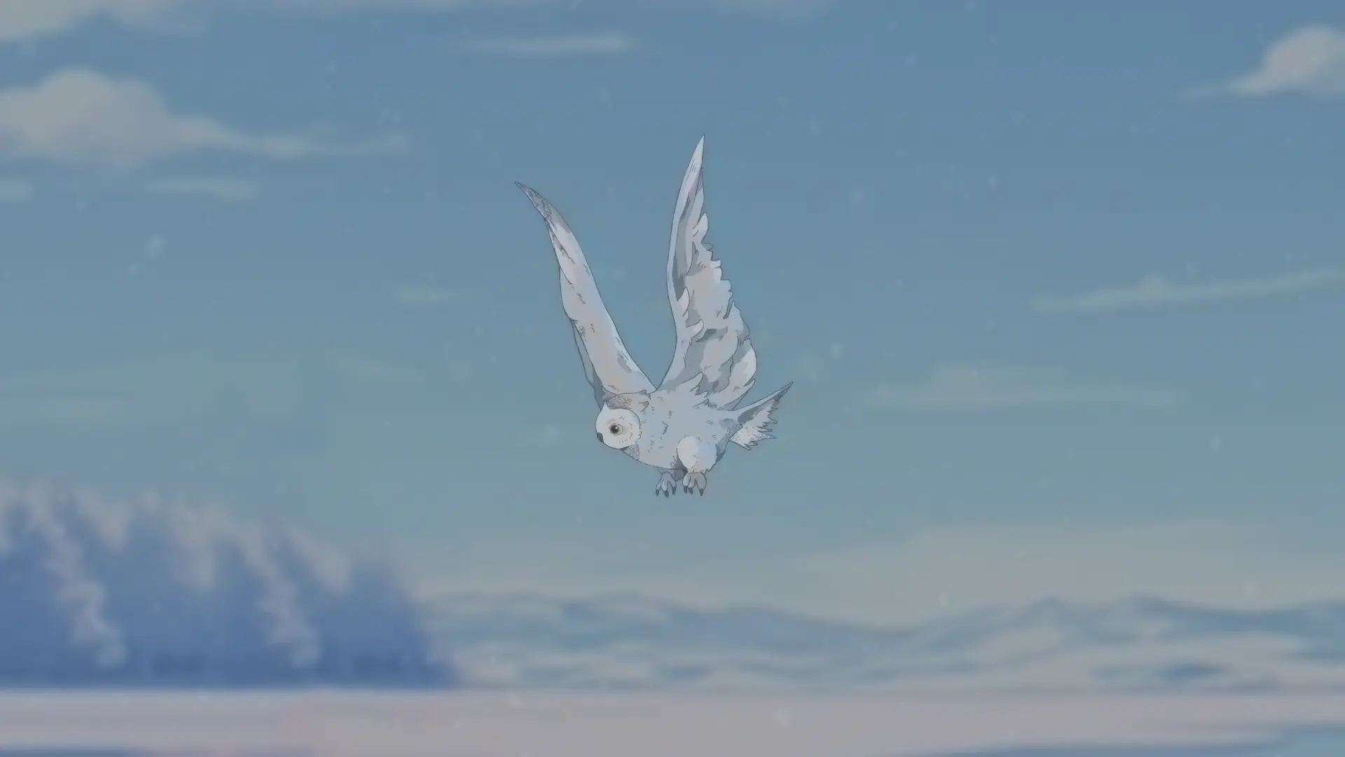 Animated snowy owl flying in a clear blue sky over a snowy landscape.