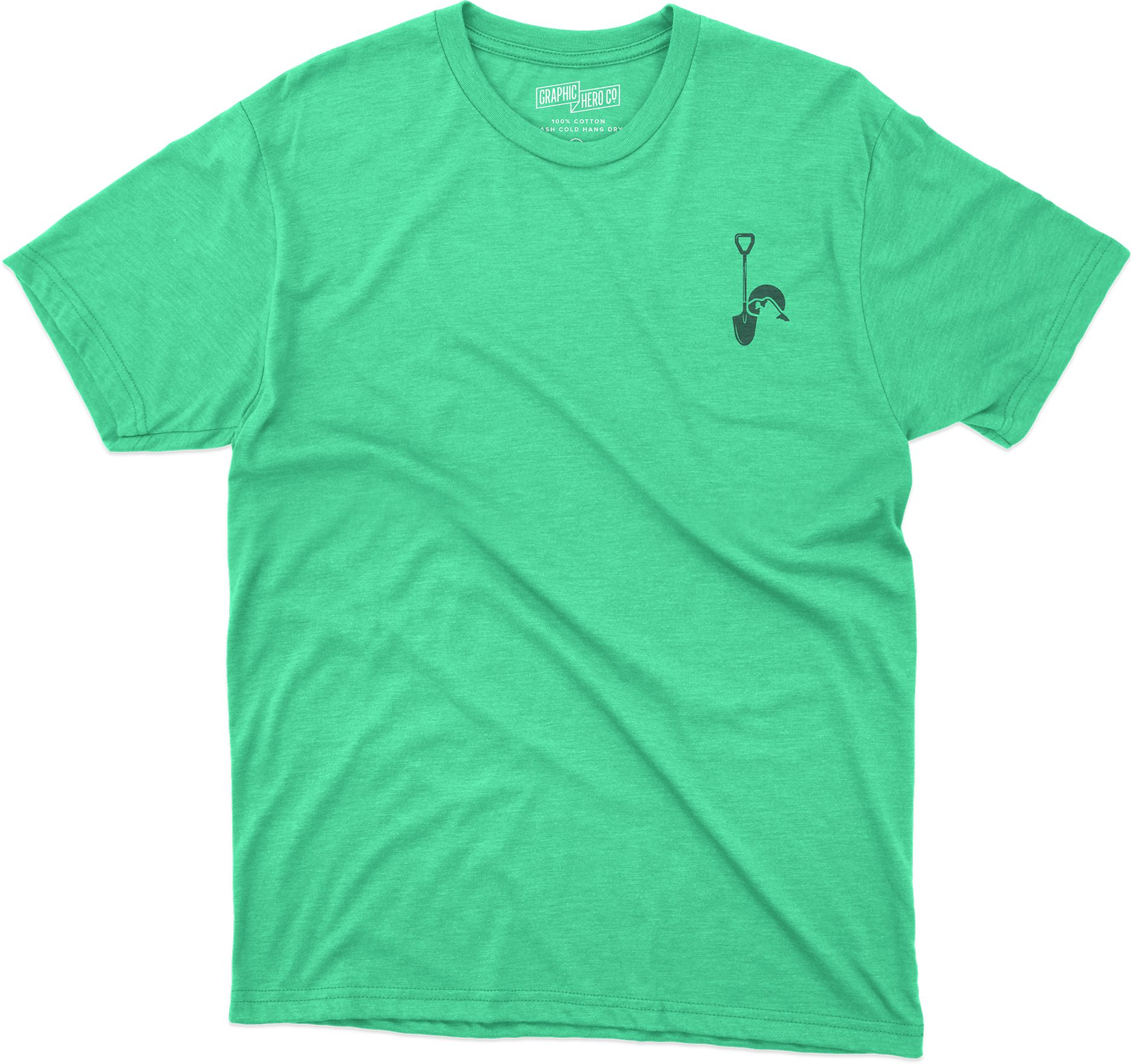 Green T-shirt with a small logo of a shovel and a man's head wearing sunglasses on the left chest.