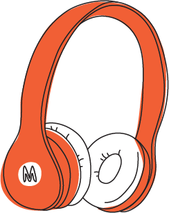 Orange over-ear headphones with a white logo on the left earcup.