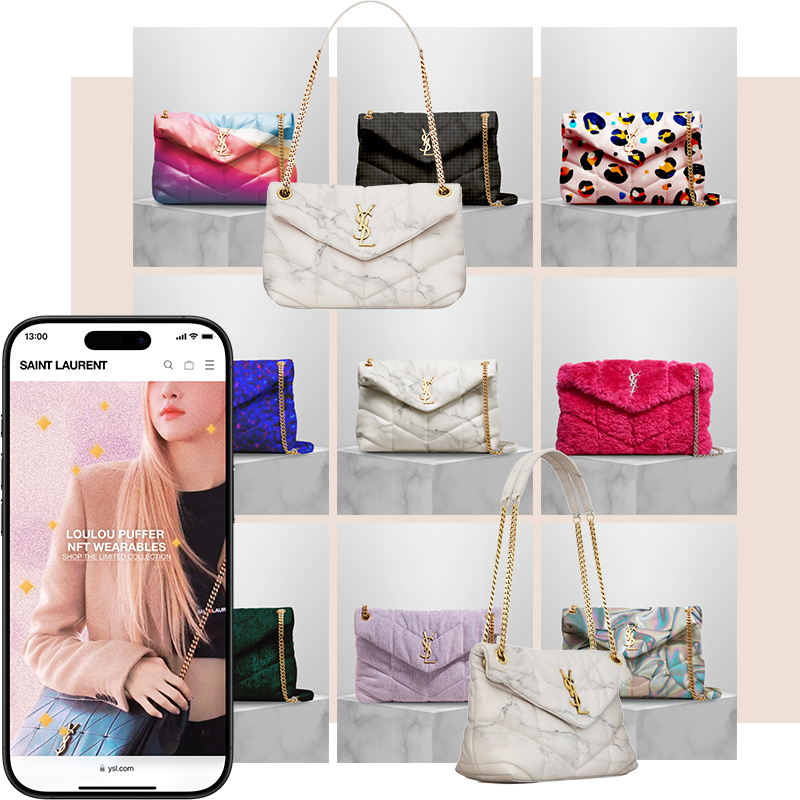 Display of Saint Laurent handbags in various colors and styles, arranged on pedestals, with a smartphone showing the Saint Laurent website featuring a model and the label's latest collection.