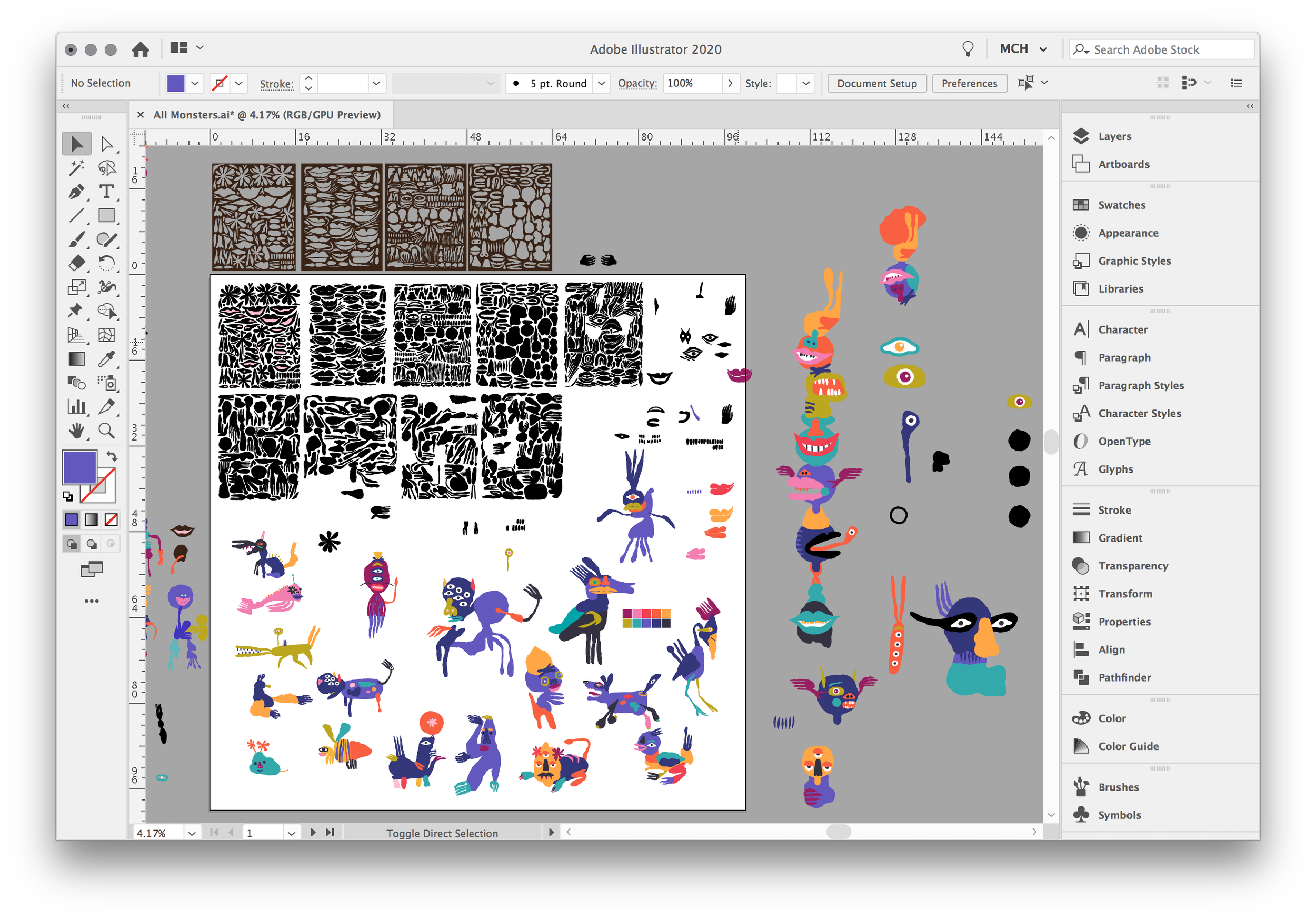 Screenshot of Adobe Illustrator workspace featuring colorful monster characters, black-and-white monster design templates, and various toolbars.