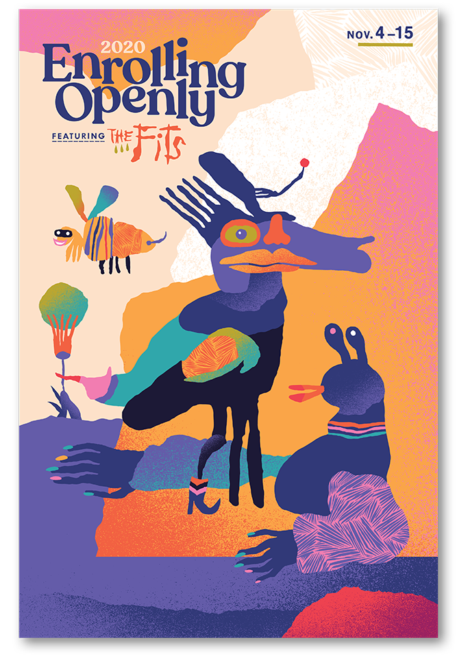 Colorful poster advertising the 2020 Enrolling Only event featuring 'The F it' from November 4 to 15. The illustration includes whimsical, abstract animals and faces with vibrant, textured patterns and bold colors.