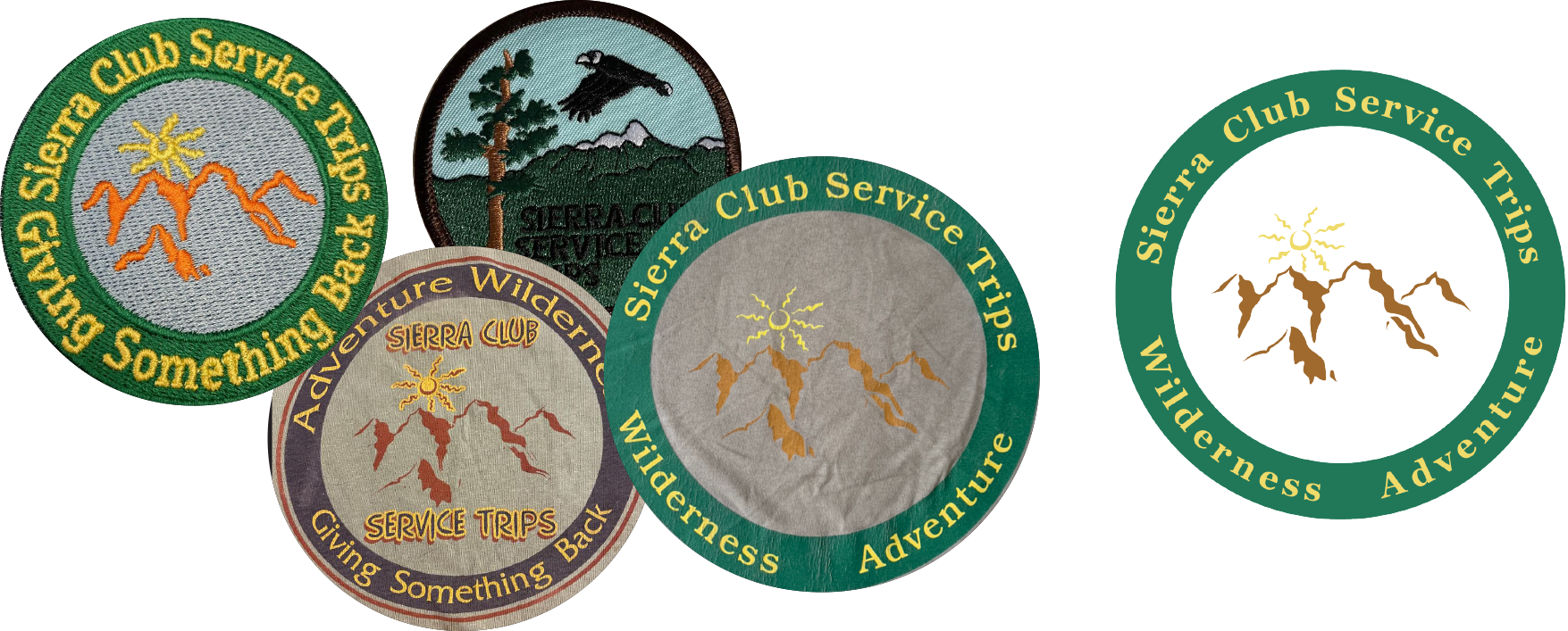 Five Sierra Club Service Trips patches with mountain, sun, and nature imagery, featuring phrases like 'Something Backpack' and 'Giving Something Back'.