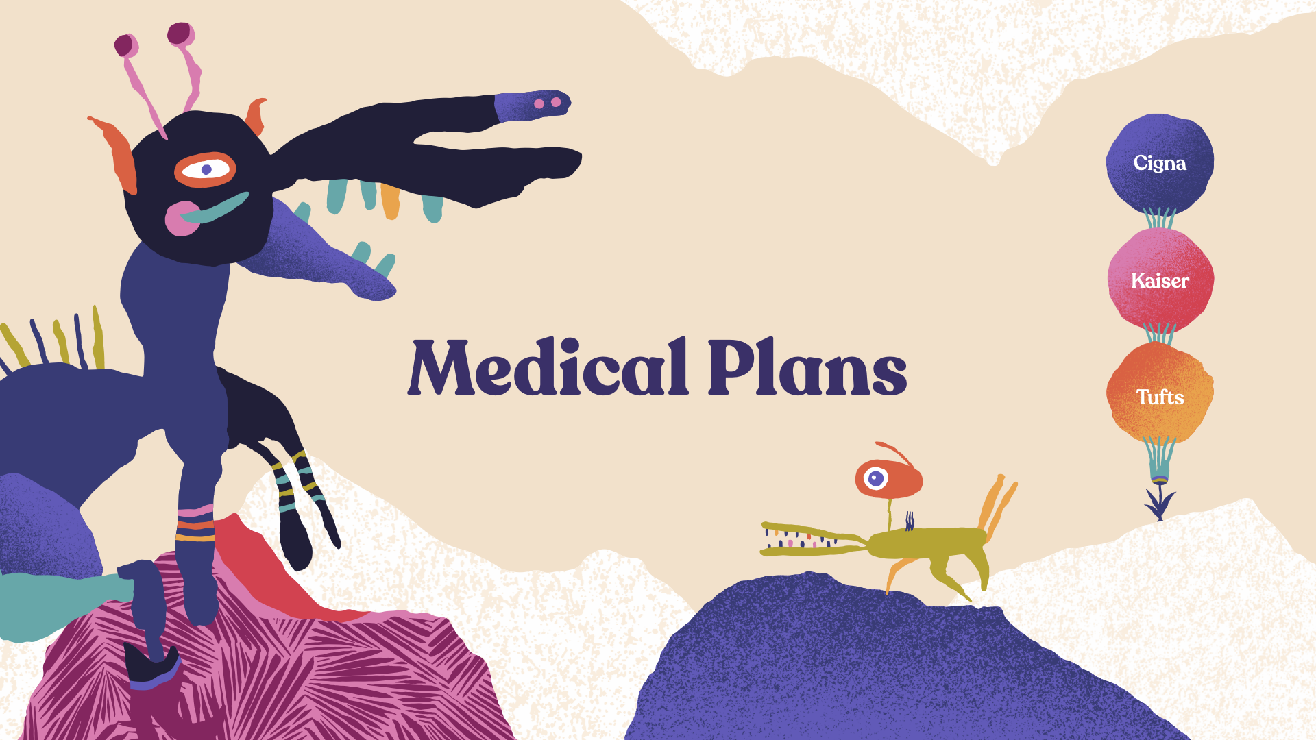 Abstract illustration of creatures with text reading 'Medical Plans' and a vertical stack of spheres labeled 'Cigna', 'Kaiser', and 'Tufts'.