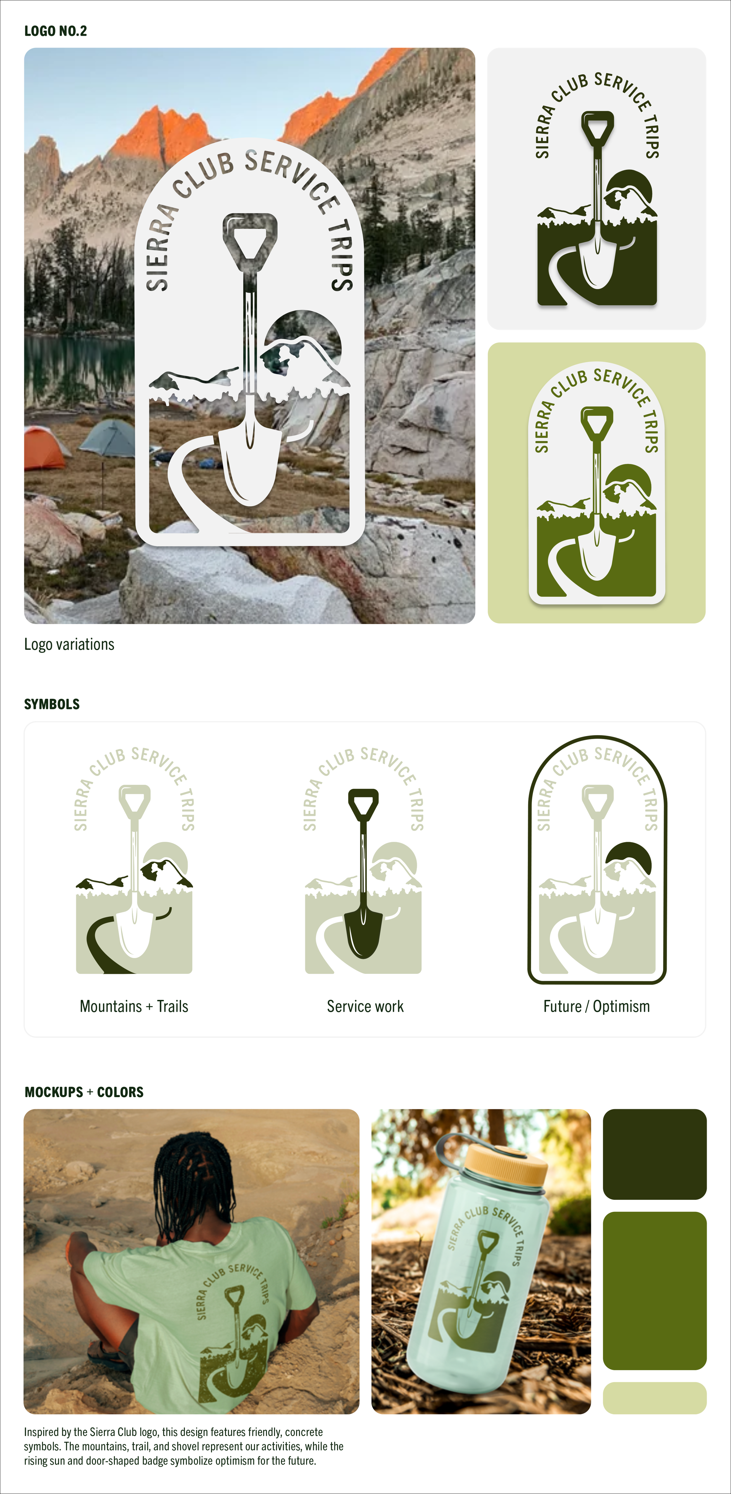 Design guide for Sierra Club Service Trips logo, featuring mountains, trail, and shovel symbols, in various color mockups including stickers, badges, and merchandise.
