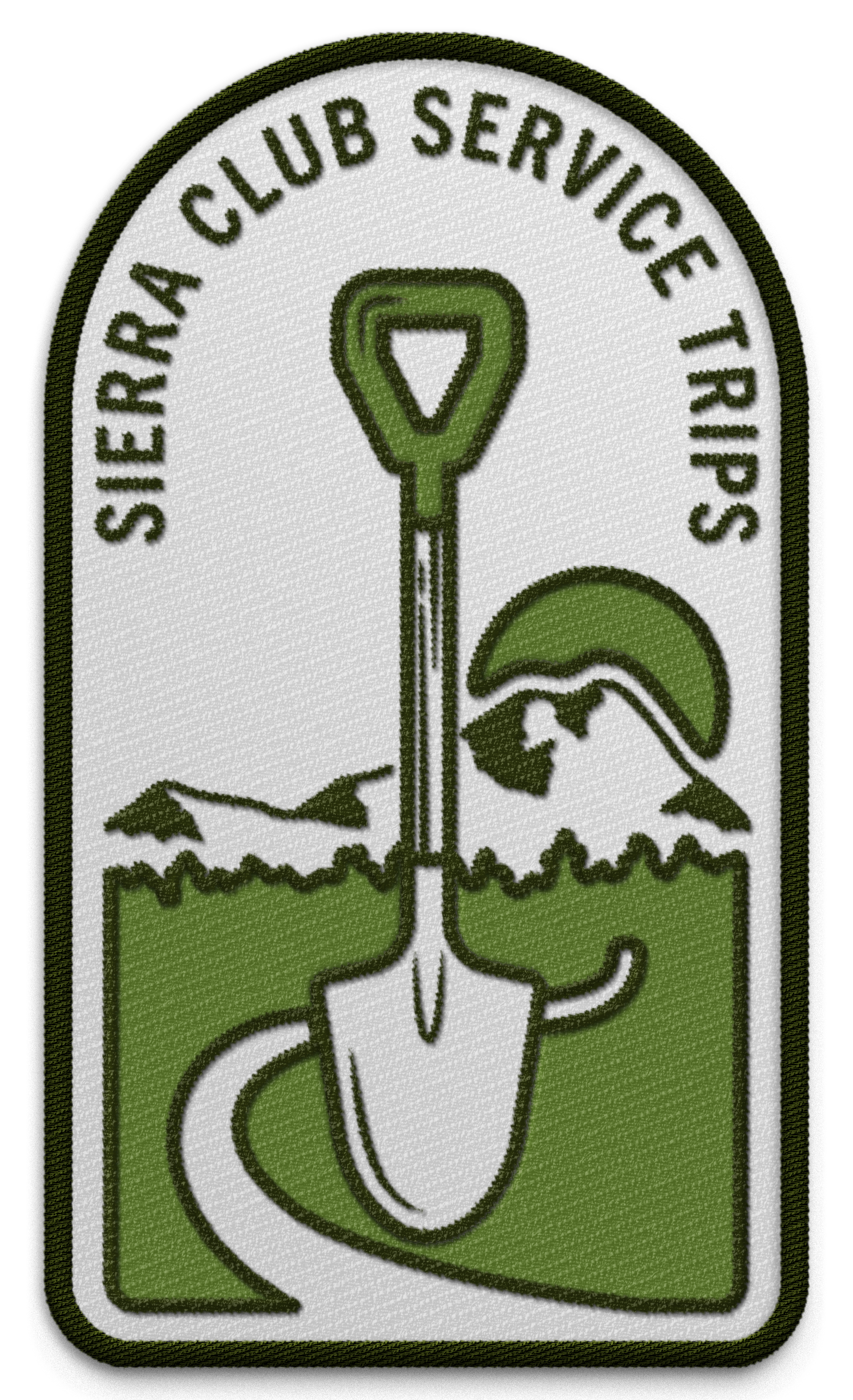 Green and white embroidered patch with the words "Sierra Club Service Trips" and an illustration of a shovel digging into the ground with mountains and a tree in the background.