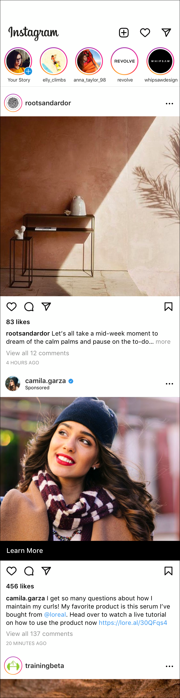 Instagram post featuring a minimalist interior with a wooden table, a white vase, and decorative objects, with a shadow of a plant cast on the wall. Additionally, a woman smiling outdoors wearing a navy beanie, scarf, and coat.