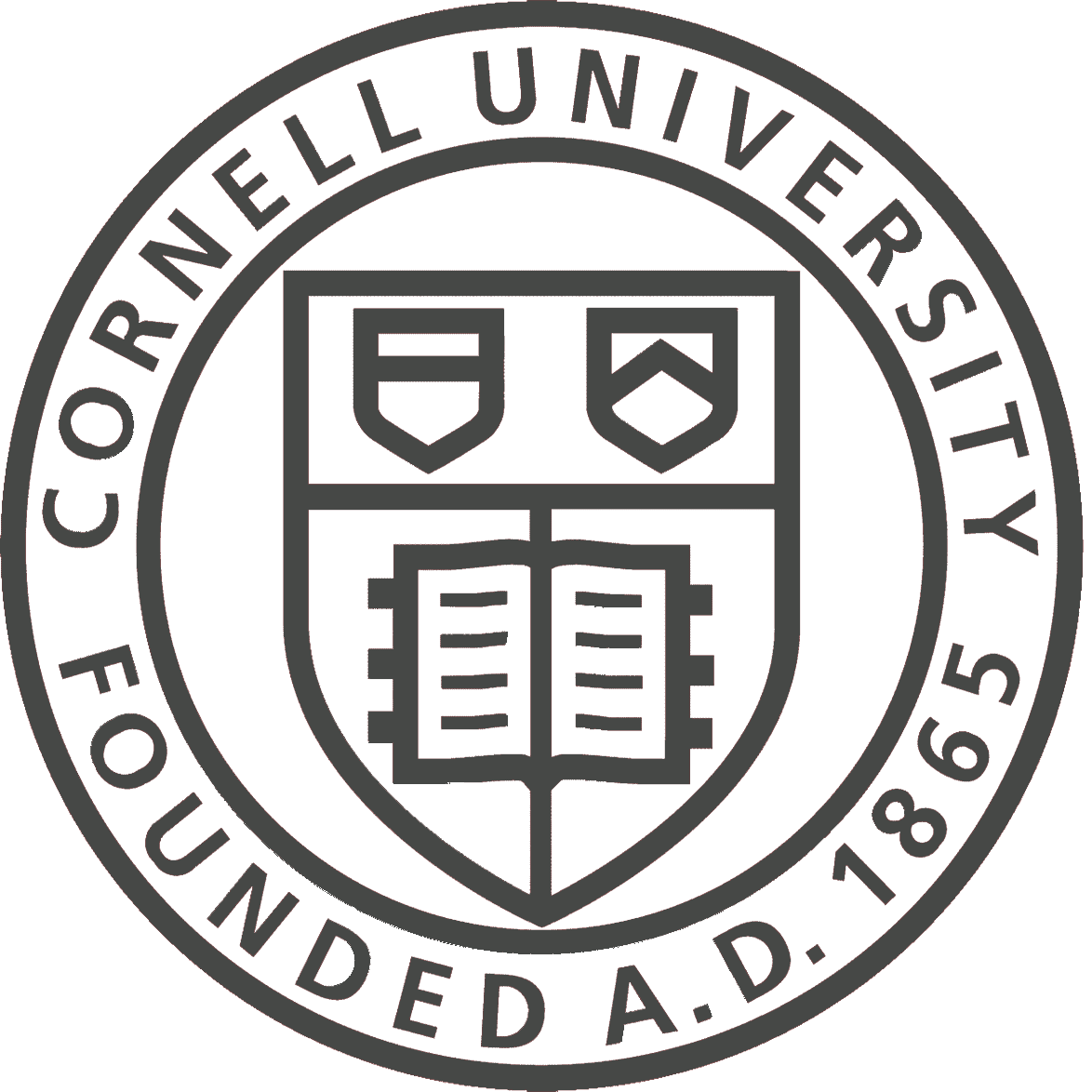 Seal of Cornell University featuring a shield with books and two chevrons, with the text 'Cornell University Founded A.D. 1865' around the circle.