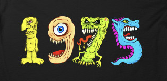 Colorful cartoon monster letters forming the number 195 on a black background.