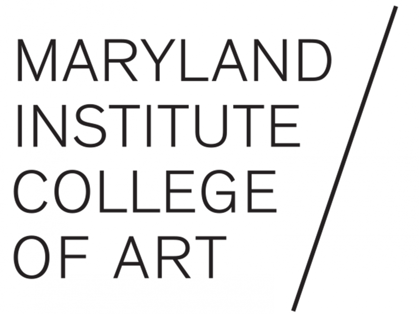 Logo of Maryland Institute College of Art with black text on white background, divided by a diagonal line.