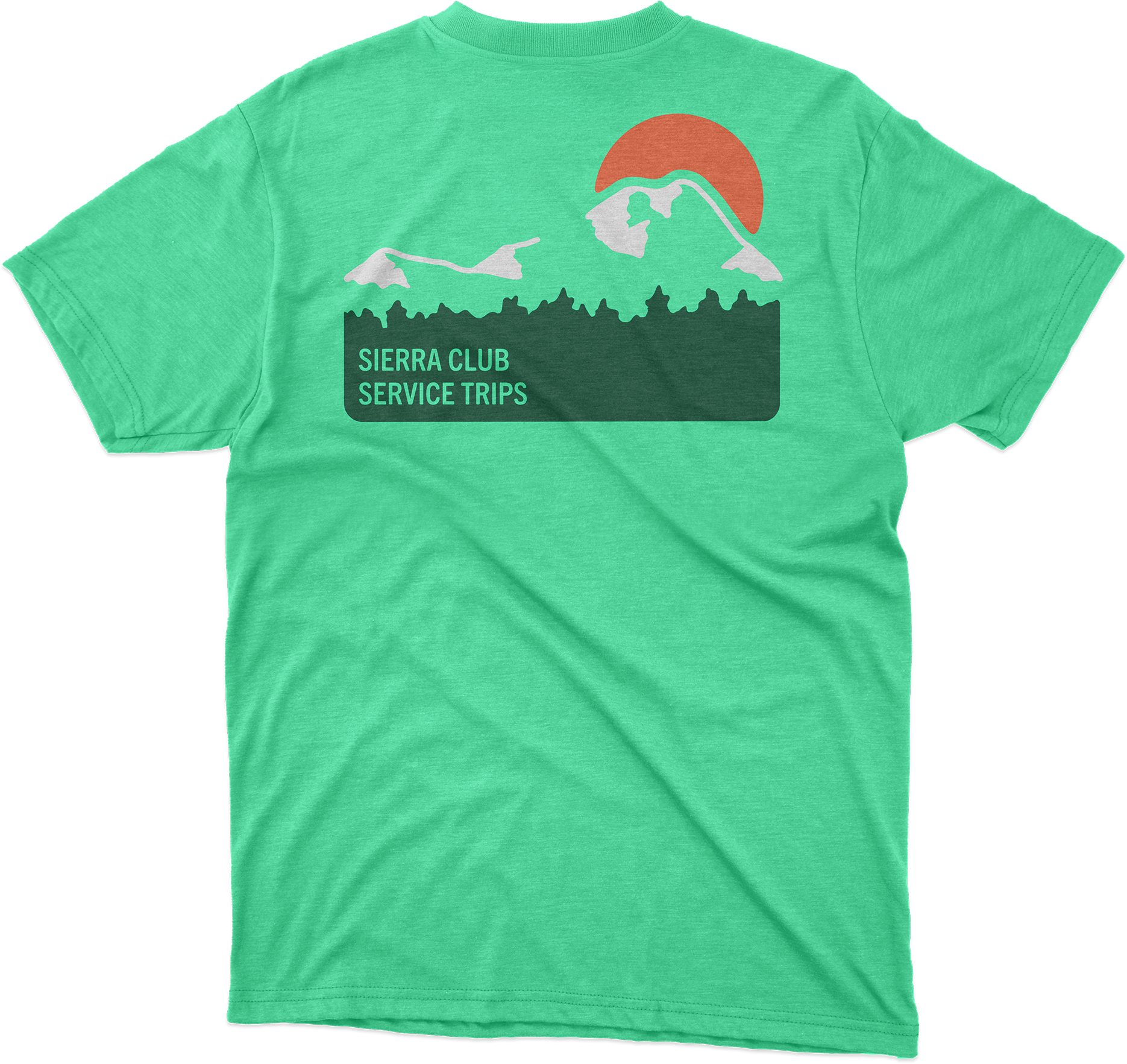 Green T-shirt with a graphic of mountains and a red sun, with the text "Sierra Club Service Trips" printed on it.