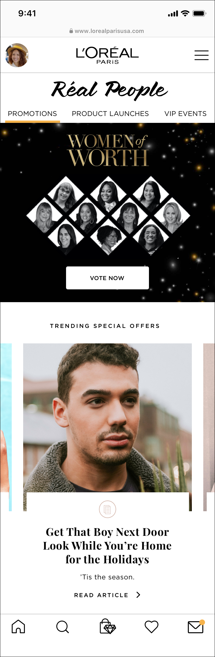 A mobile webpage featuring L'Oréal Paris advertisements, promoting the 'Women of Worth' recognition for inspiring women, with a black background and golden stars, and a section highlighting holiday gift ideas for men.