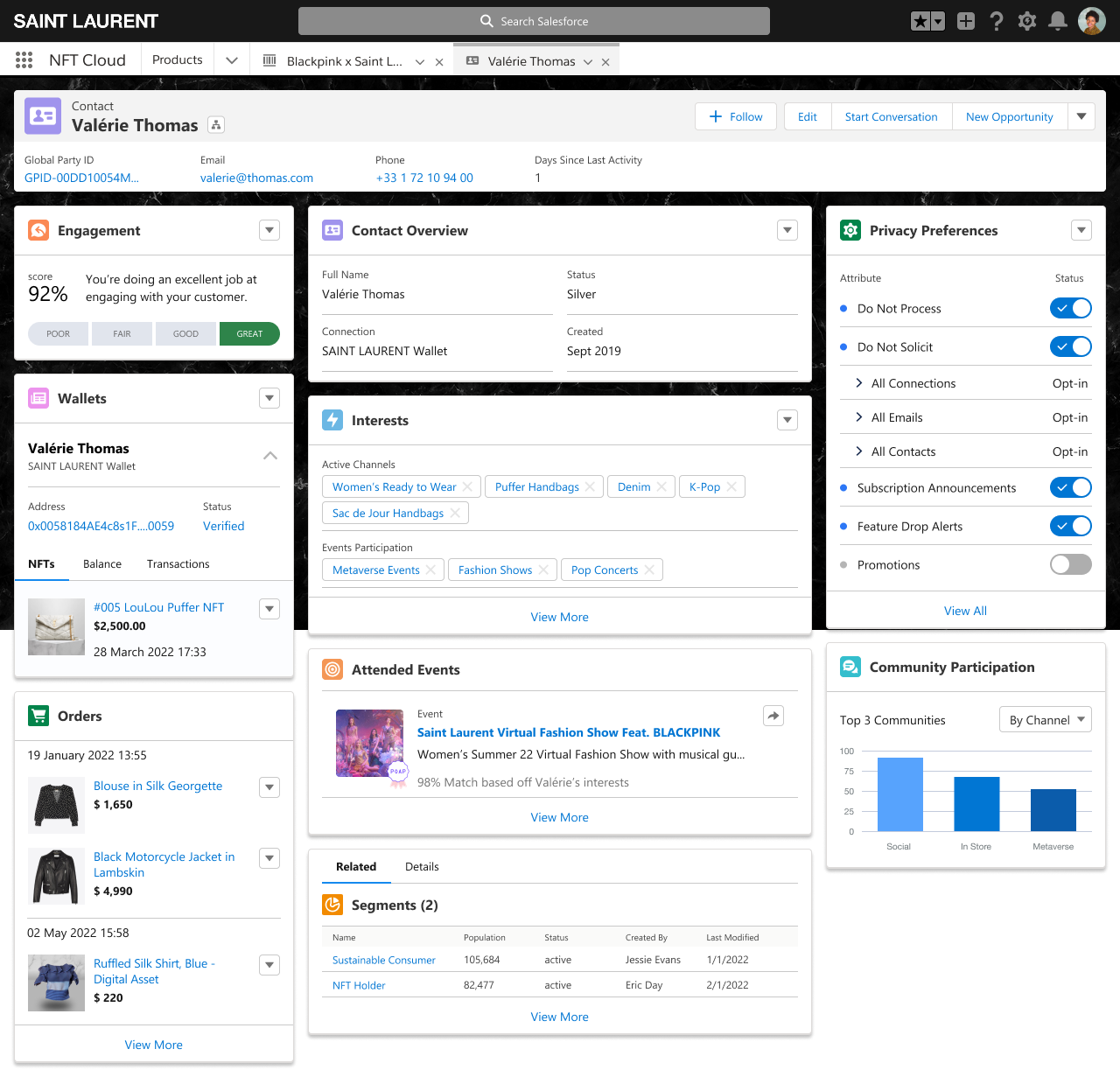 Screenshot of a Salesforce dashboard displaying contact information, engagement metrics, wallet details, an attended event, recent orders, community participation, and segments for Valérie Thomas. The interface shows different panels with data such as NFT holdings, orders, interests, and preferences.