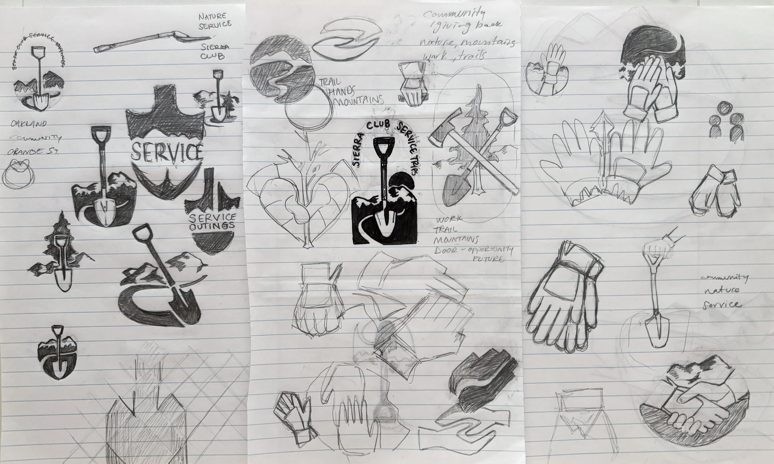 Collection of hand-drawn sketches related to community service and outdoor activities. Includes shovels, mountains, forests, hearts, and gloves, with labels like 'service,' 'trail,' 'mountains,' and 'community.'