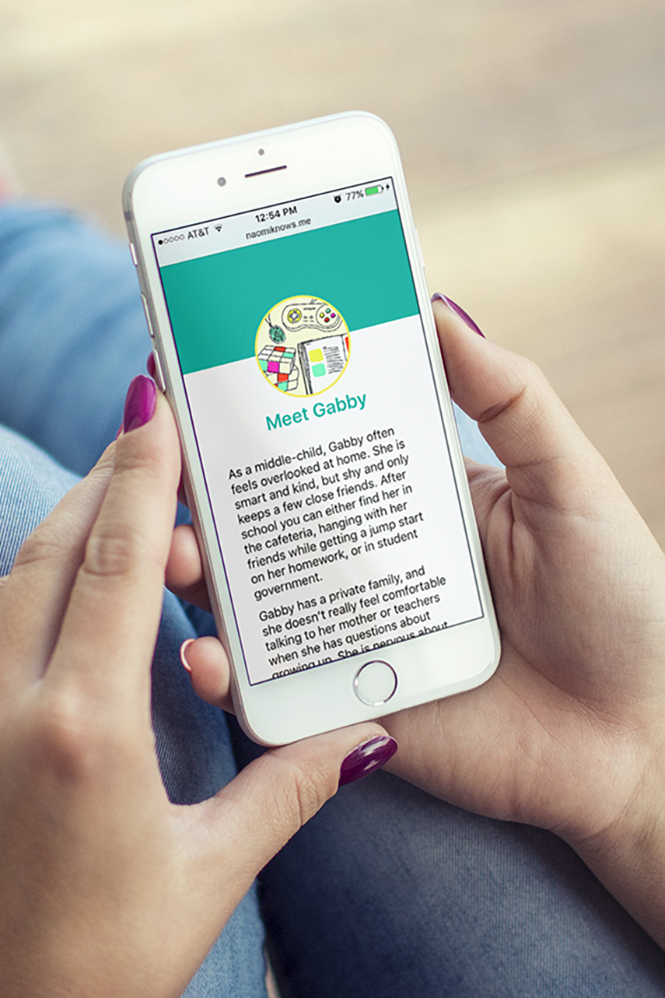 A person holding a smartphone displaying a webpage titled 'Meet Gabby' with a colorful profile picture and a paragraph of text.