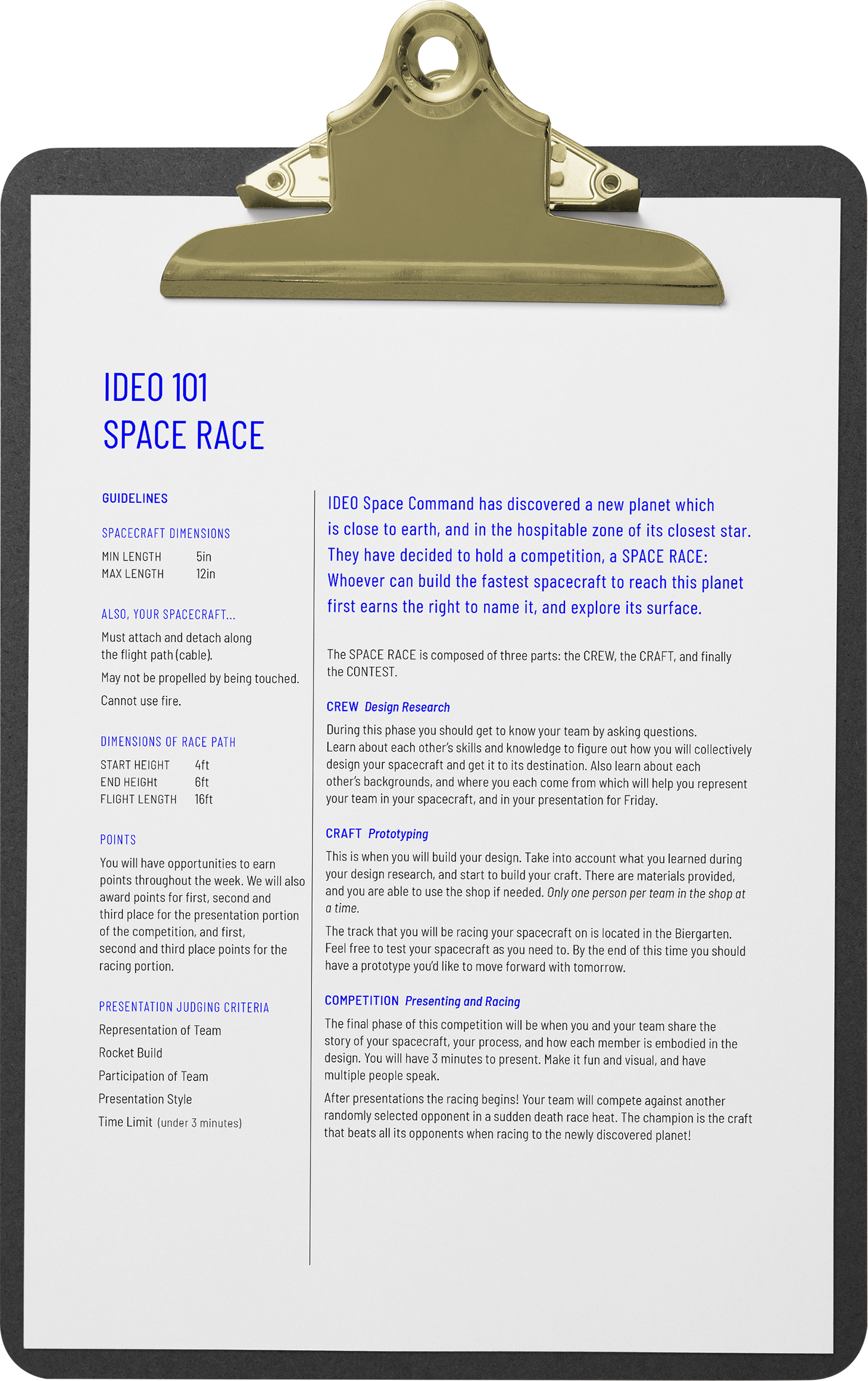 A printed document on a clipboard with guidelines for a space race project, including details about spacecraft dimensions, race path, and competition criteria.