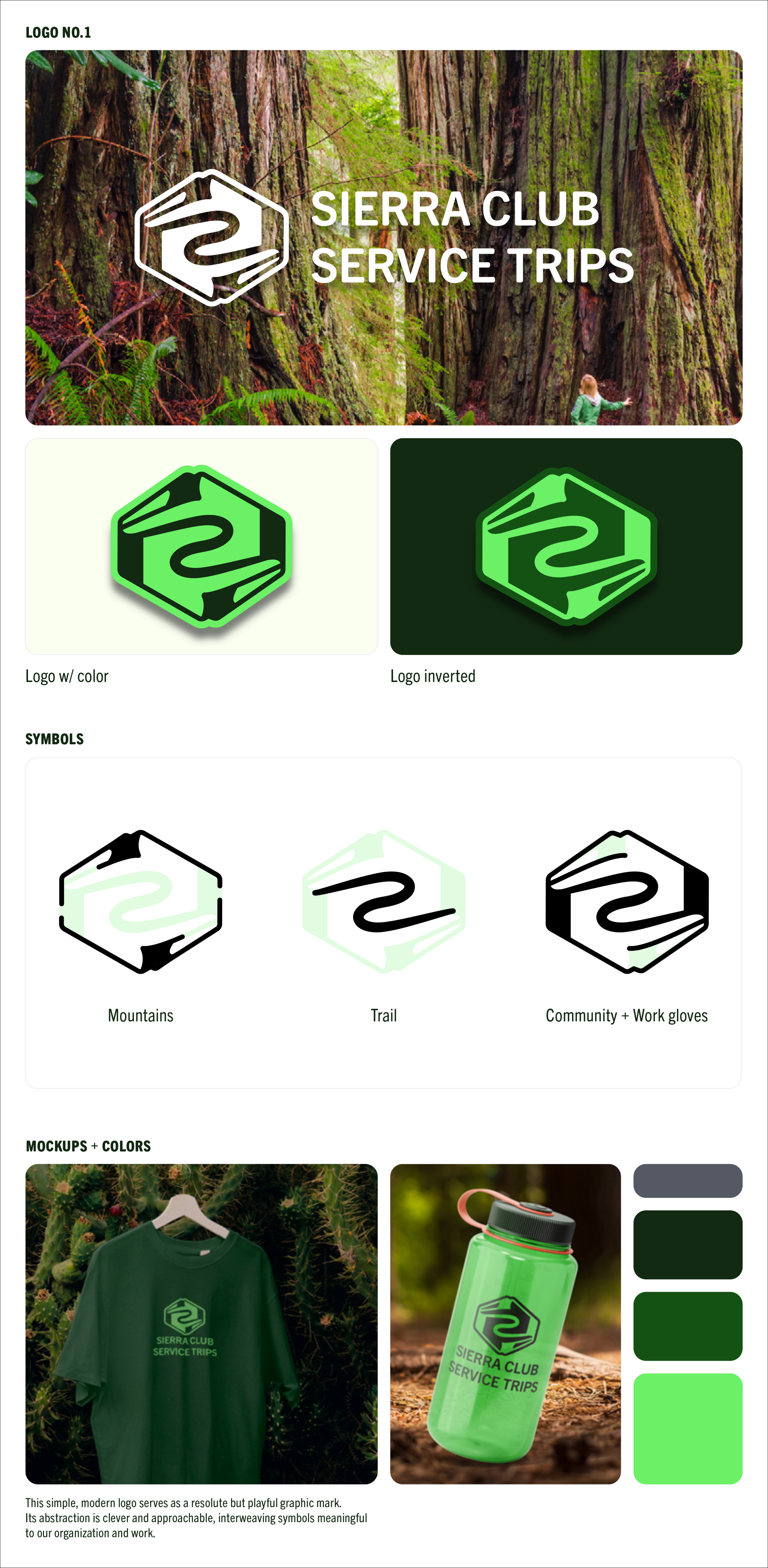 Design concepts for Sierra Club Service Trips logo featuring a hexagon with a stylized mountain trail, shown in color, inverted, and in black and white. Mockups include a green T-shirt with the logo and a green water bottle with the logo, set against a nature background with plants and trees.