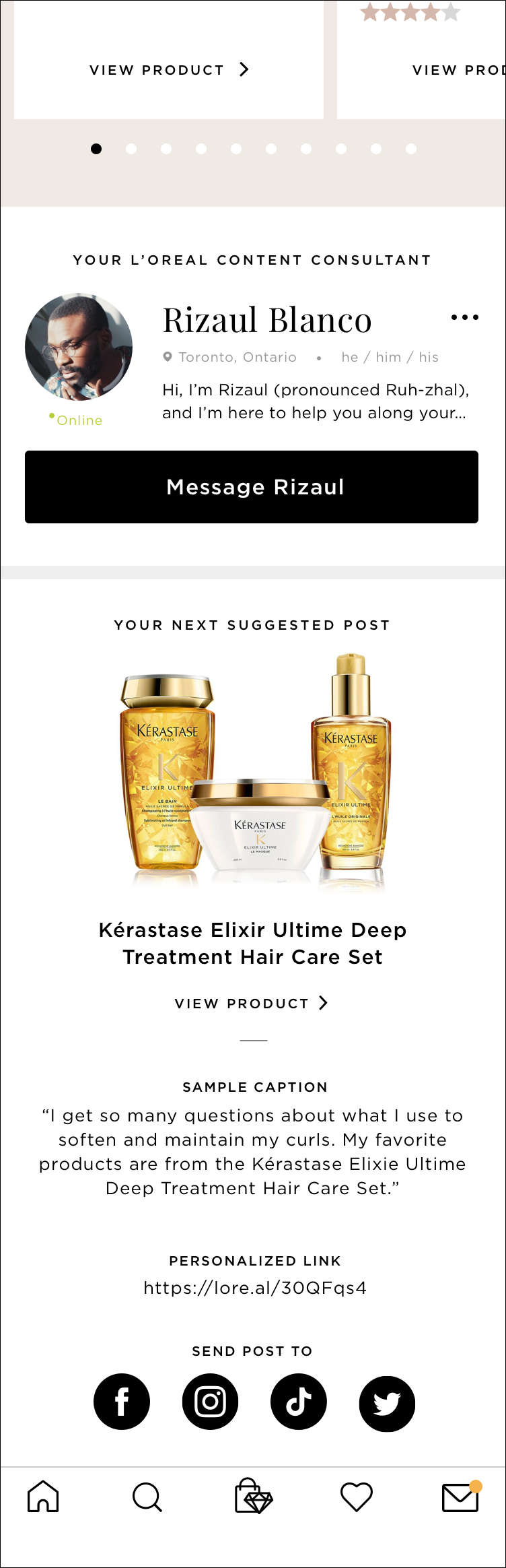 Instagram direct message screenshot featuring a profile of Rizaul Blanco, a hair care consultant, with a message button and a suggested post of Kerastase Elixir Ultime Deep Treatment Hair Care Set, along with social media icons.