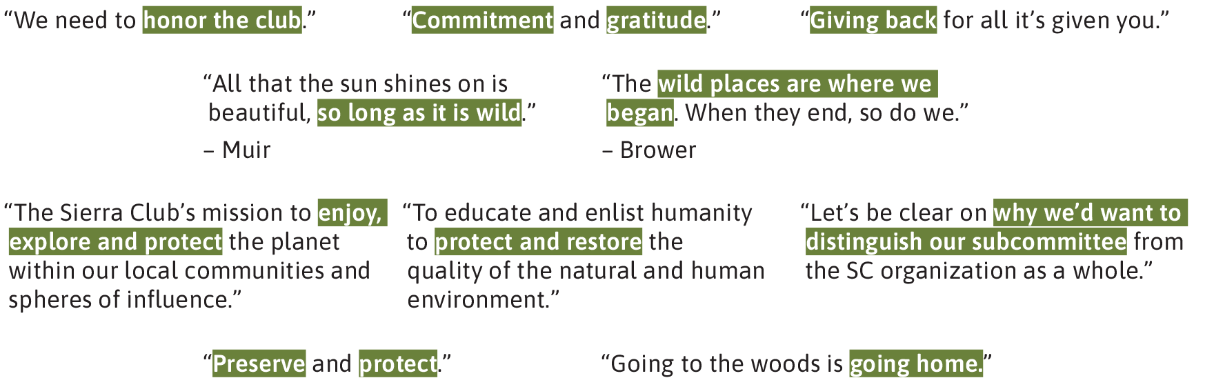 A quote about nature and conservation. The quote discusses honoring the club, commitment, gratitude, giving back, wild places, enjoying and protecting nature, and going home.