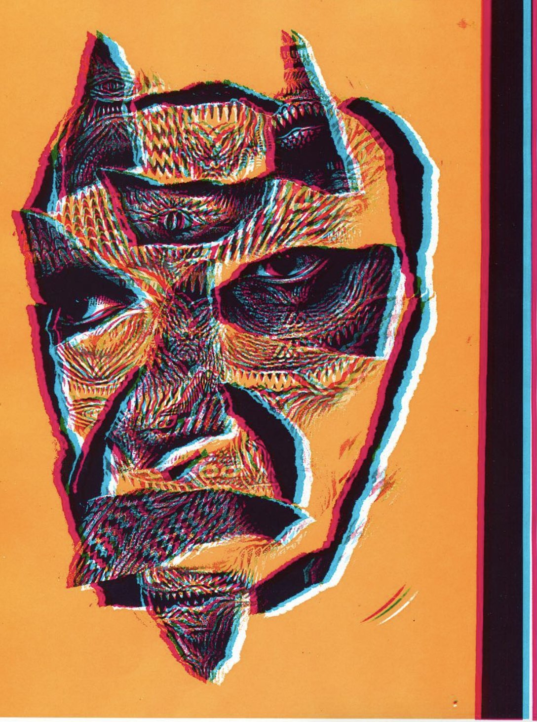 Digital illustration of a human face with multiple eyes, lips, and facial features layered and distorted with vibrant colors on an orange background.