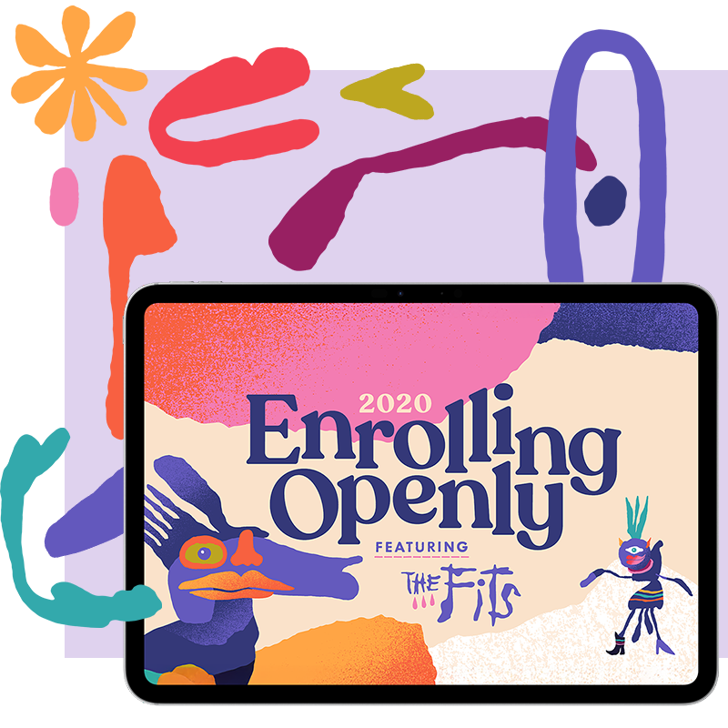Digital graphic with colorful abstract shapes and a tablet displaying text about 2020 enrollment opening, featuring stylized illustrations of a bird and a humanoid figure.